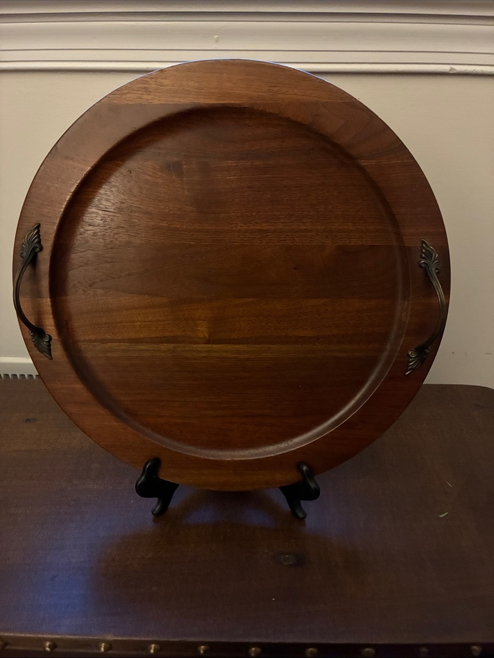 Ozark Native Wood Prod Walnutware Solid Walnut Round Wood Serving Tray w/Handles